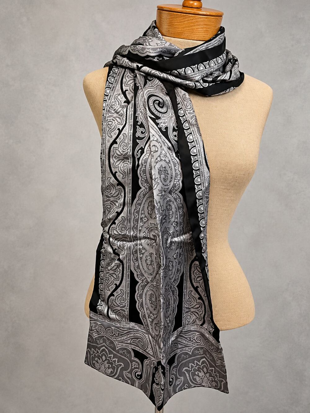 Vintage black silver silk scarf wrap baroque design romantic victorian gothic